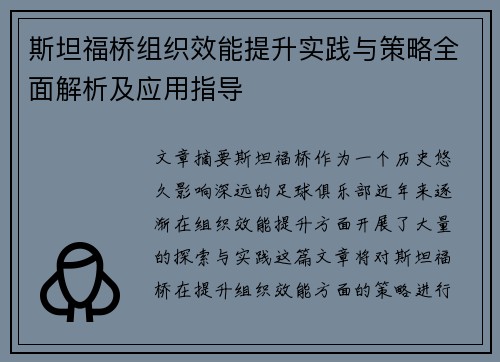 斯坦福桥组织效能提升实践与策略全面解析及应用指导